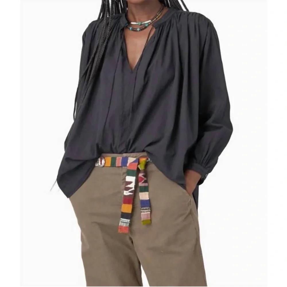 Xirena Ameli Tie Neck Keyhole cotton black gathered lightweight black top small - Picture 1 of 7